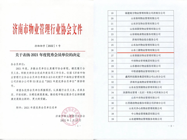 雙倍榮譽(yù)！山東三箭物業(yè)管理有限公司榮獲物業(yè)協(xié)會(huì) “年度優(yōu)秀會(huì)員單位”